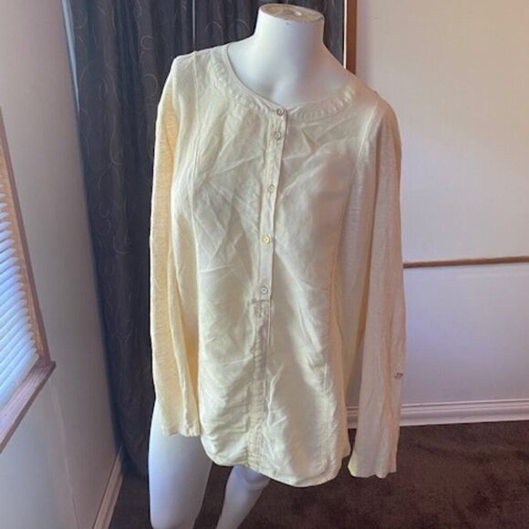 Ann Taylor Cream 1/2 button down roll tab sleeves Linen blend top, size XL - Picture 1 of 5